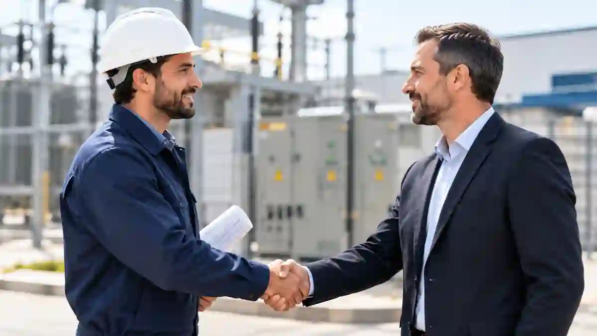 Engenheiro eletricista cumprimentando cliente em frente a subestação, fechando acordo de serviço