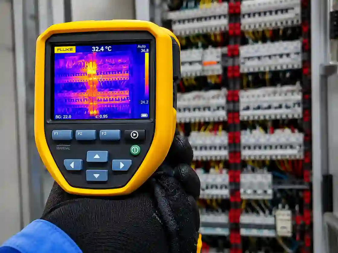 Câmera termográfica identificando ponto de aquecimento em quadro elétrico durante laudo técnico