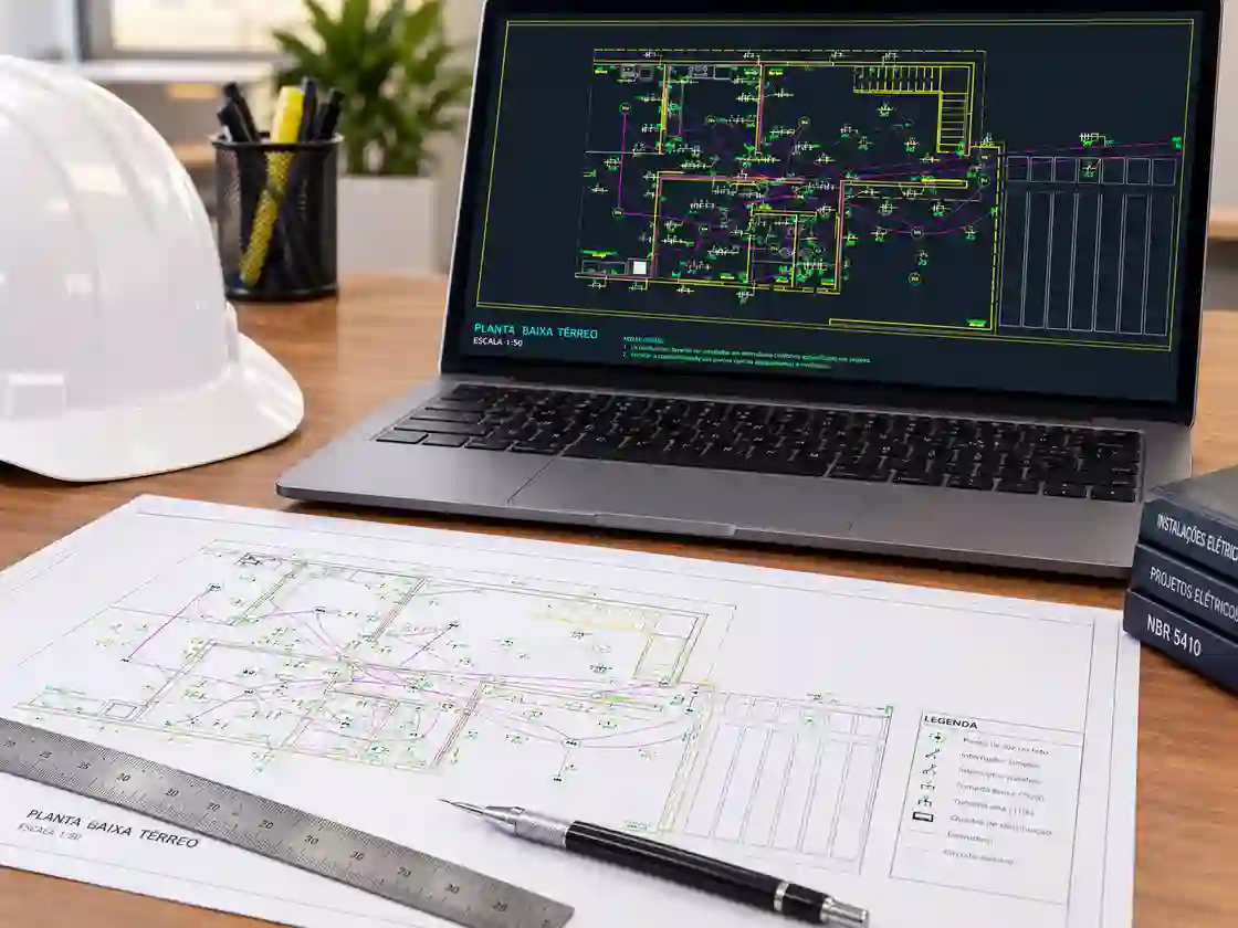 Planta baixa de projeto elétrico no notebook, com legenda de pontos de luz, tomadas e circuitos