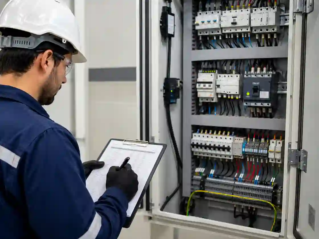 Engenheiro preenchendo checklist de regularização NR-10 em frente a quadro elétrico aberto