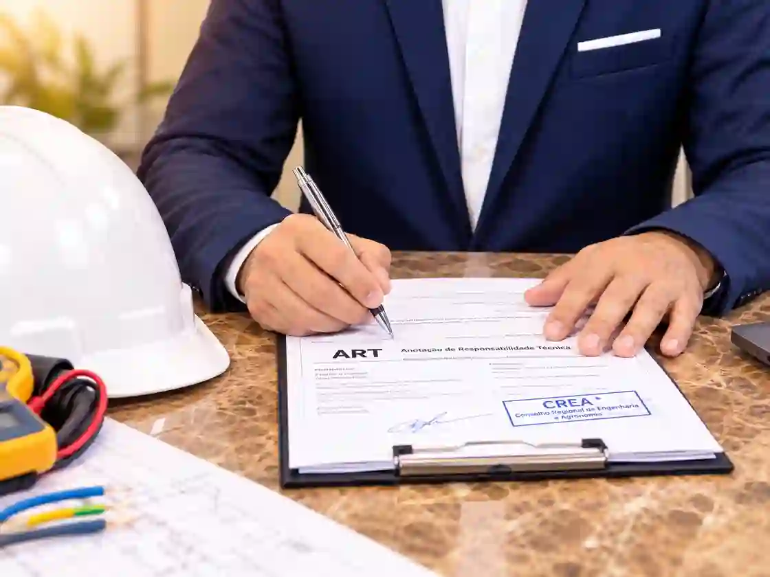 Engenheiro assinando ART — Anotação de Responsabilidade Técnica — junto ao CREA